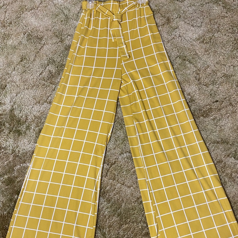 Long bell bottom dress pants, yellow and white checker board print